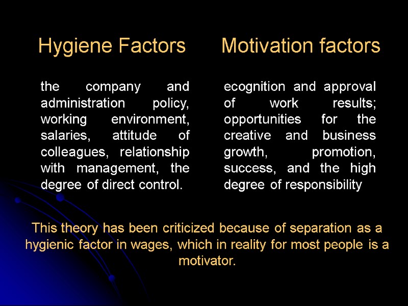 Hygiene Factors the company and administration policy, working environment, salaries, attitude of colleagues, relationship